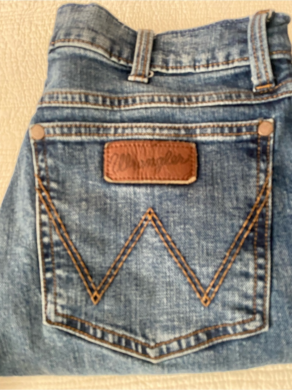 Two pairs of Wrangler Medium Blue slim Bootcut Jeans with Tan Stitching